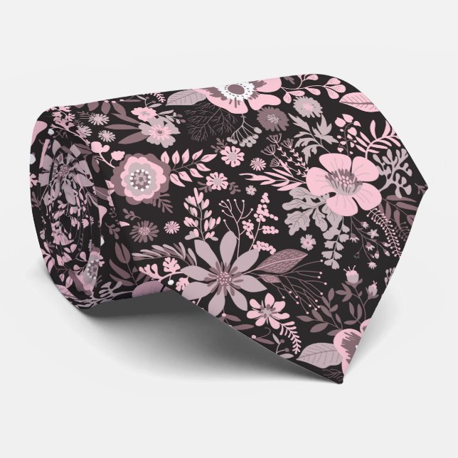 Beautiful retro style pink pastel floral pattern neck tie (Rolled)