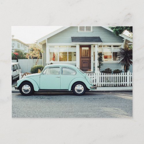 Beautiful retro vintage turquoise car photography postcard