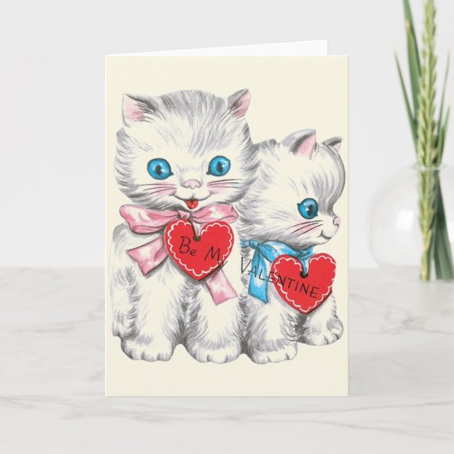 Beautiful Retro White Kittens Valentine's Day Card (Front)