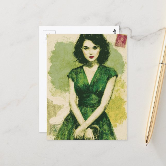 Beautiful Retro Woman in a Green Dress Collage Postcard (Front/Back In Situ)