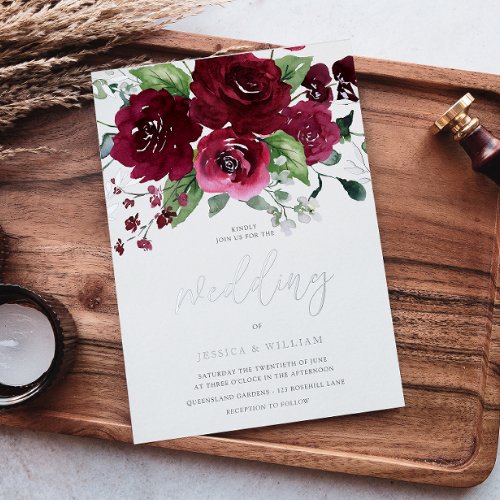 Beautiful Rich Burgundy Watercolor Floral Wedding Foil Invitation