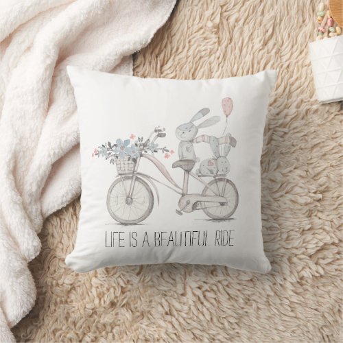 Beautiful Ride Bike with Sweet Bunnies Throw Pillow