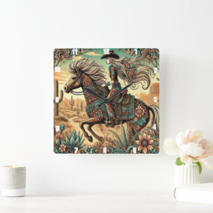 Beautiful Rider on a Horse in Desert Landscape Square Wall Clock