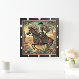 Beautiful Rider on a Horse in Desert Landscape Square Wall Clock