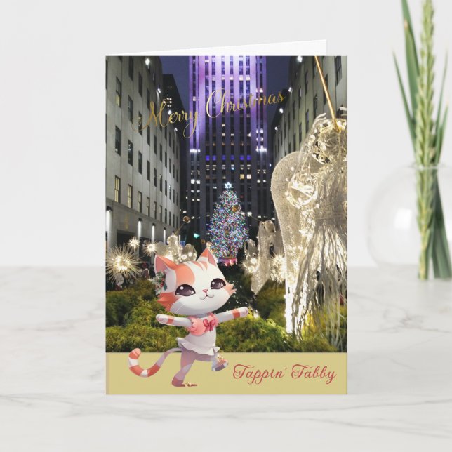 Beautiful Rockefeller Plaza and Tappin’ Tabby Cat Holiday Card (Front)