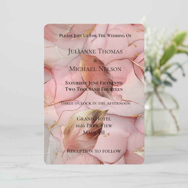 Beautiful Romantic Blush Pink Gold Leaves Wedding Invitation (Standing Front)