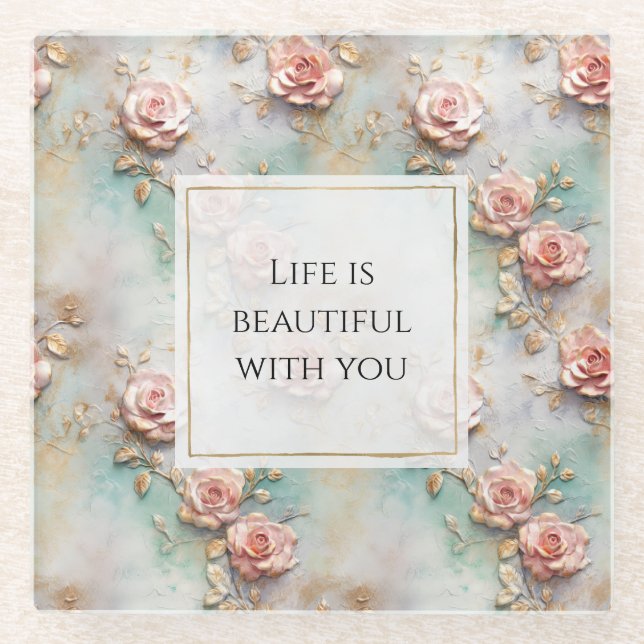 Beautiful Romantic Blush Pink Romantic Roses Glass Coaster (Front)