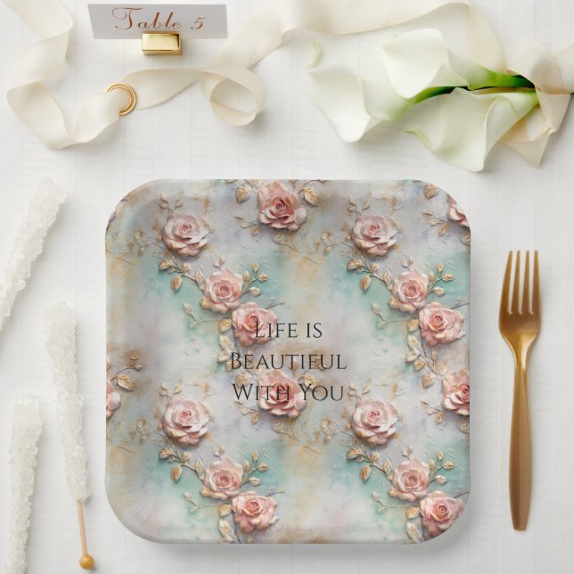 Beautiful Romantic Blush Pink Romantic Roses Paper Plates (Wedding)