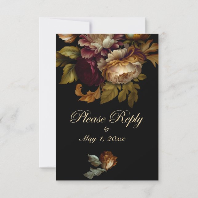 Beautiful Romantic Dark Old World Floral RSVP Card (Front)
