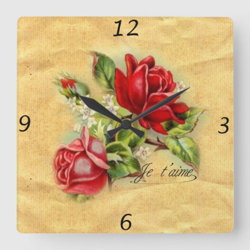 Beautiful romantic elegant vintage red roses square wall clock