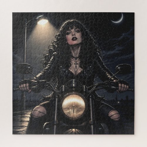 Beautiful Romantic Gothic Woman on Motorcycle  Jigsaw Puzzle
