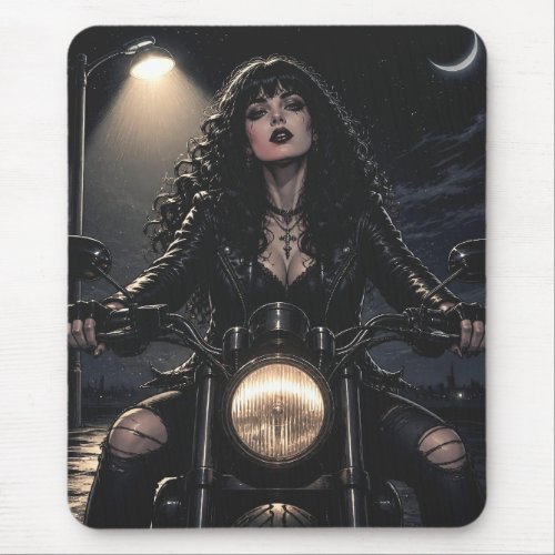 Beautiful Romantic Gothic Woman on Motorcycle  Mouse Pad