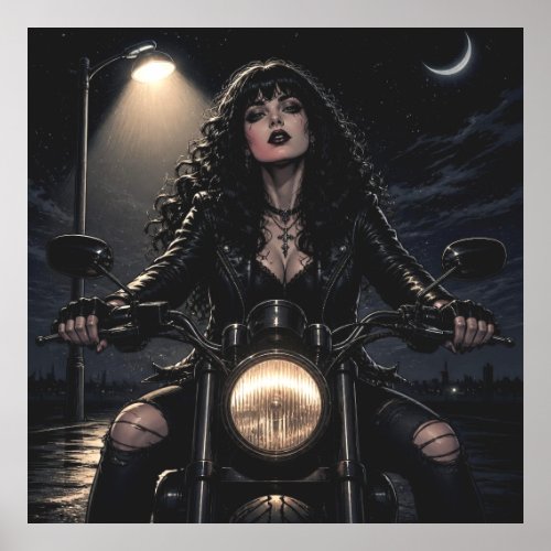 Beautiful Romantic Gothic Woman on Motorcycle  Poster