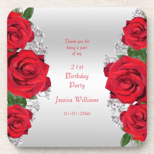 Beautiful Romantic Red Roses Birthday Favor Beverage Coaster
