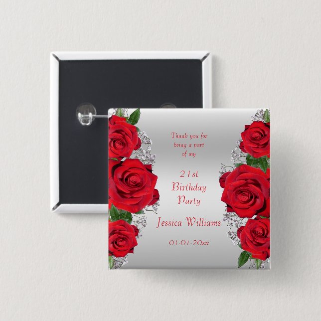 Beautiful Romantic Red Roses Birthday Favor Button (Front & Back)