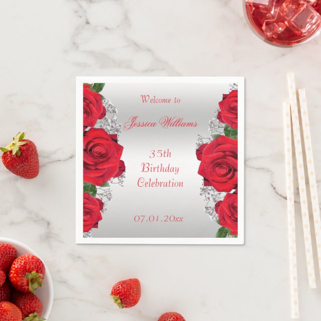 Beautiful Romantic Red Roses Birthday Napkins (Insitu)
