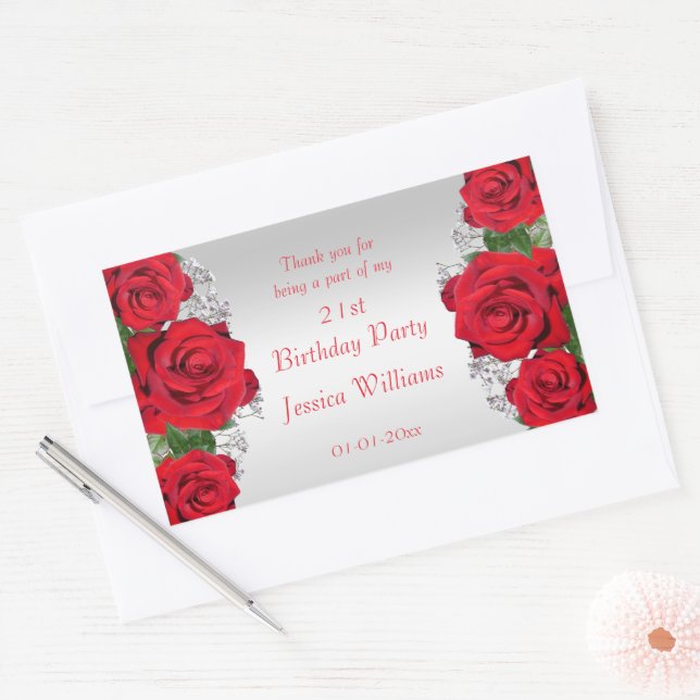 Beautiful Romantic Red Roses Birthday Rectangular Sticker (Envelope)