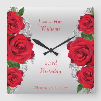 Beautiful Romantic Red Roses Birthday Square Wall Clock by Sarah_Designs at Zazzle