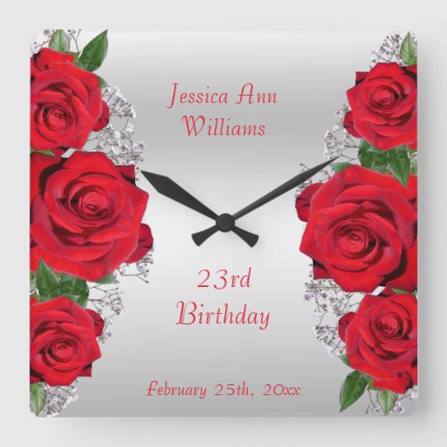 Beautiful Romantic Red Roses Birthday Square Wall Clock