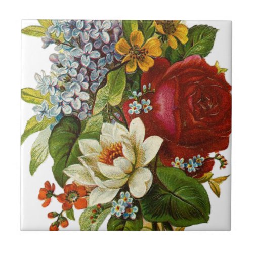 Beautiful Romantic Summer Bouquet with Red Rose Ceramic Tile