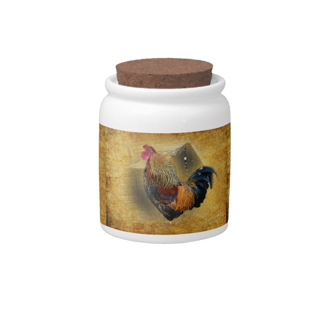 Beautiful Rooster and Rustic Barn Chicken Coop Candy Jar (Front)