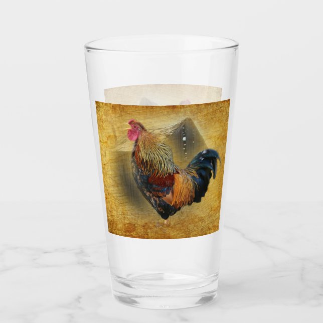 Beautiful Rooster and Rustic Barn Chicken Coop Glass (Front)