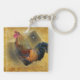 Beautiful Rooster and Rustic Barn Chicken Coop Keychain
