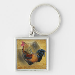 Beautiful Rooster and Rustic Barn Chicken Coop Keychain