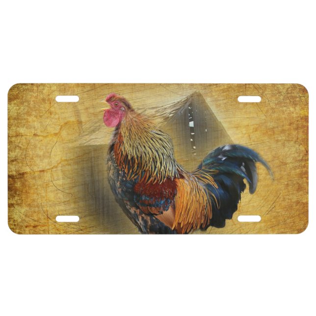 Beautiful Rooster and Rustic Barn Chicken Coop License Plate (Front)