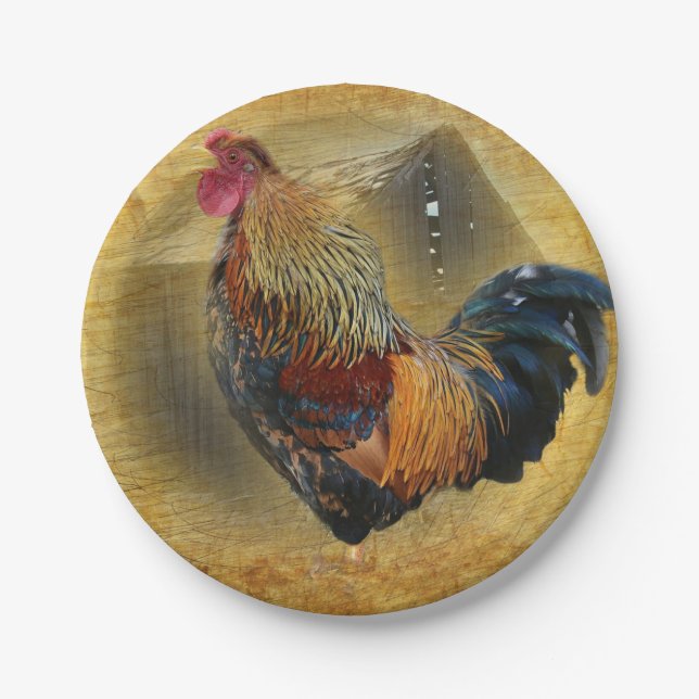 Beautiful Rooster and Rustic Barn Chicken Coop Paper Plates (Front)