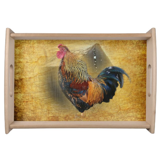 Beautiful Rooster and Rustic Barn Chicken Coop Serving Tray (Front)
