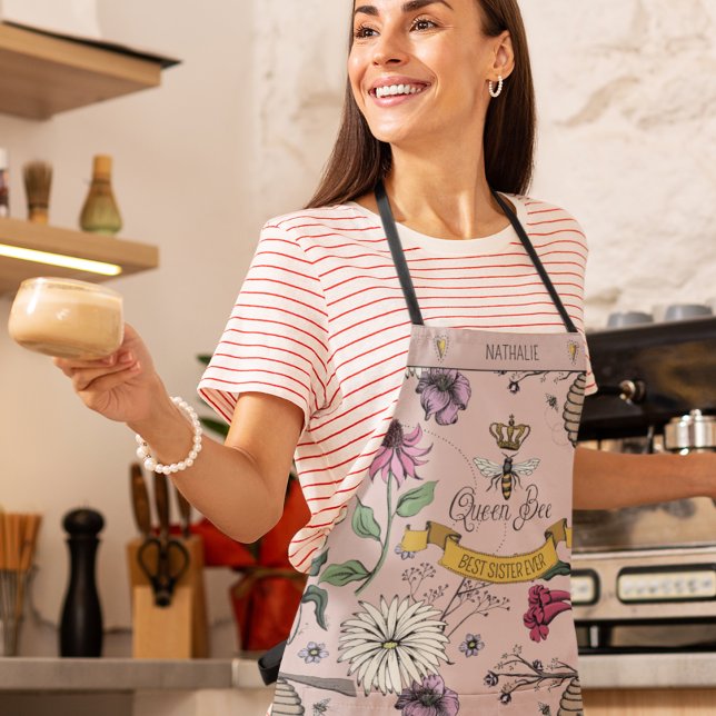 Beautiful Rose Gold and Black Queen Bee & Foliage Apron (Pretty Hand-drawn Queen Bee Custom Name & Message.
Custom Strap Color.)