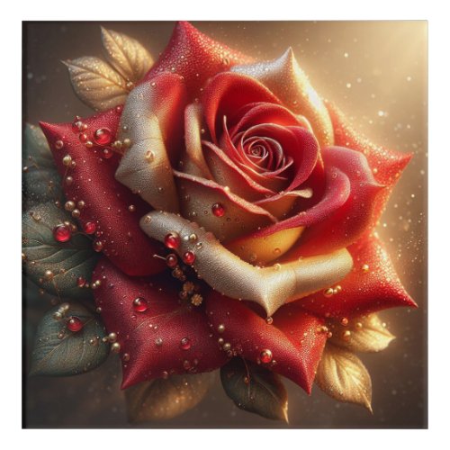 Beautiful Rose Gold and Red Rose with Dew Drops Acrylic Print