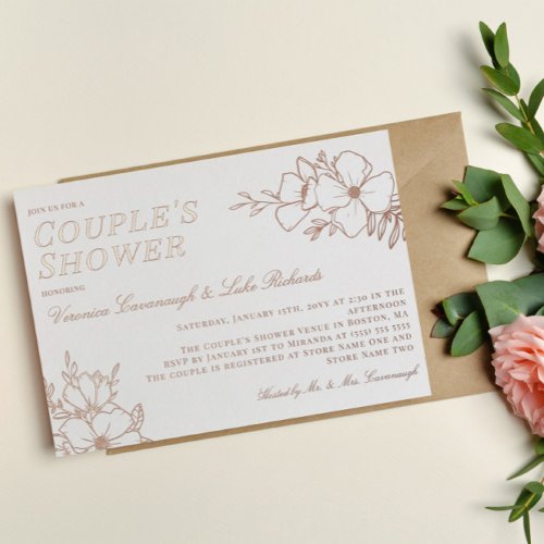 Beautiful Rose Gold Floral LineArt Couples Shower Foil Invitation