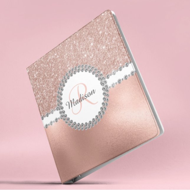 Beautiful Rose Gold Glitter Diamonds Monogram 3 Ring Binder (Creator Uploaded)