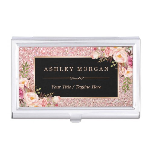 Beautiful Rose Gold Glitter Girly Floral Decor Business Card Holder