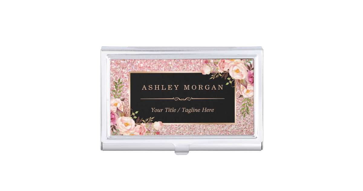 Beautiful Rose Gold Glitter Girly Floral Decor Business Card Holder