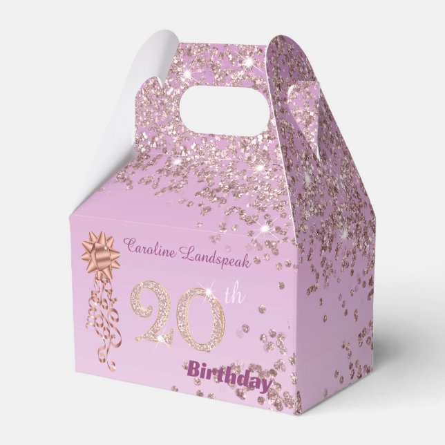Beautiful Rose Gold Glitter Ribbon 20th Birthday Favor Boxes (Front Side)