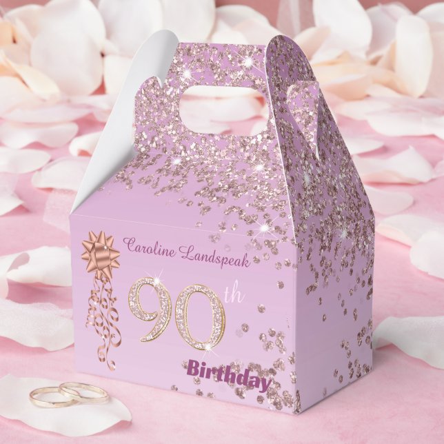 Beautiful Rose Gold Glitter Ribbon 90th Birthday Favor Boxes (Wedding)