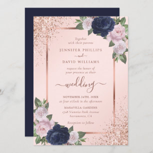 Beautiful Rose Gold Navy Blue Blush Floral Wedding Invitation