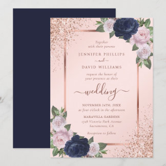 Beautiful Rose Gold Navy Blue Blush Floral Wedding Invitation