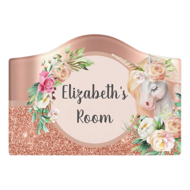 Beautiful Rose Gold Unicorn Floral Child Room Door Sign (Small Crest Front)