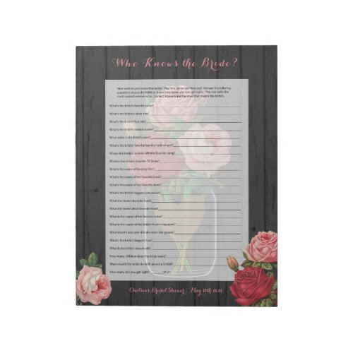 Beautiful Rose Mason Jar Bridal Shower Game Notepad