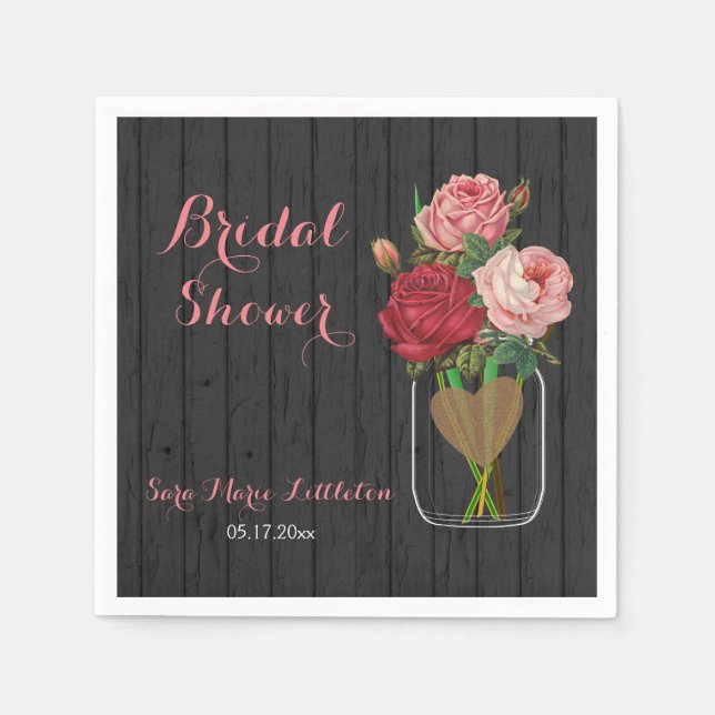 Beautiful Rose Mason Jar Bridal Shower Paper Napkins (Front)