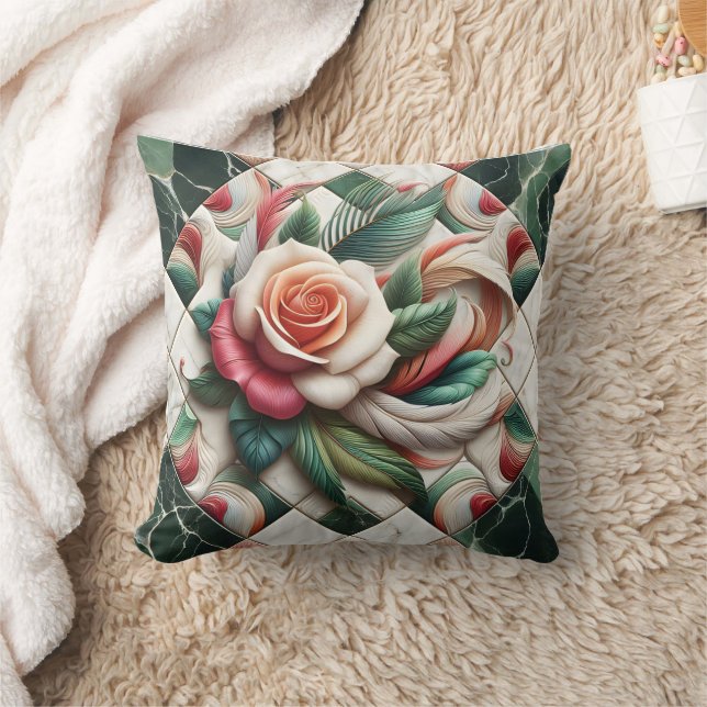 Beautiful Rose Mosaic Art With Colorful Leaves Throw Pillow (Blanket)