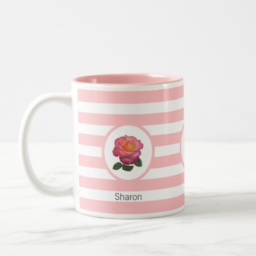 Beautiful Rose on Pink  White Striped Two_Tone Coffee Mug