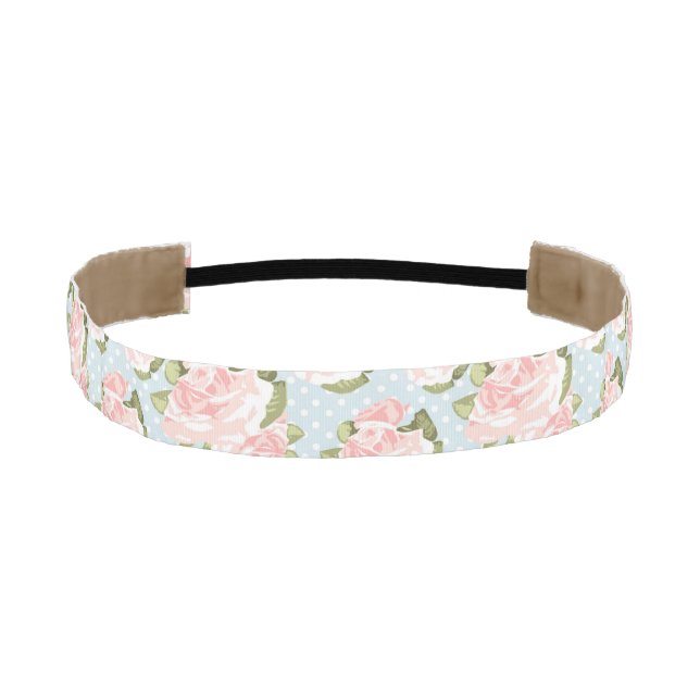 Beautiful rose pattern with blue polka dots athletic headband (Front)