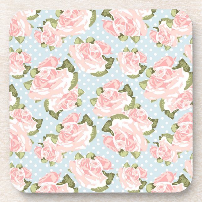 Beautiful rose pattern with blue polka dots beverage coaster (Front)