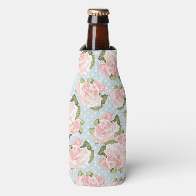 Beautiful rose pattern with blue polka dots bottle cooler (Bottle Front)