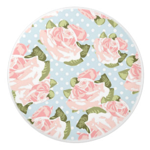 Beautiful rose pattern with blue polka dots ceramic knob